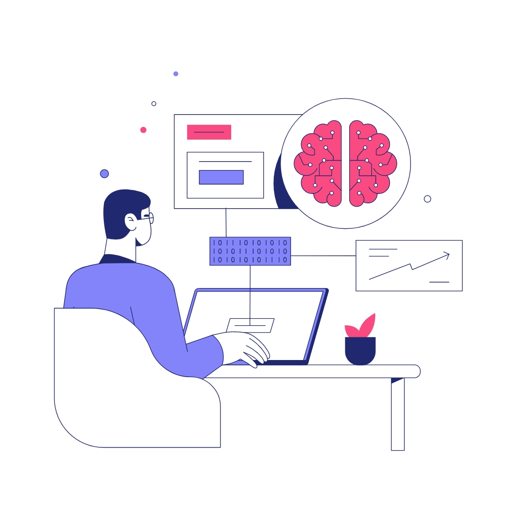 A person with glasses is sitting at a desk, working on a laptop. Surrounding the laptop are graphical elements, including a brain illustration, binary code, and a line graph with an upward trend. A small plant is also visible on the desk. The scene suggests a focus on data science or analytics.