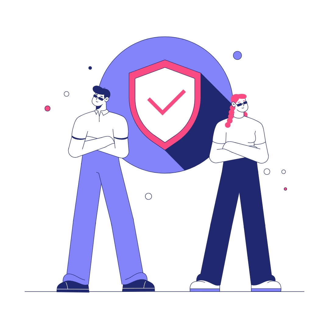 Two stylized figures stand confidently with their arms crossed, flanking a large shield icon featuring a checkmark. The image suggests themes of security and protection in the context of IT training.