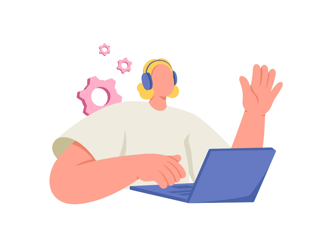 A person wearing headphones is sitting at a laptop, gesturing with one hand. Behind them are pink gears, suggesting a focus on technology or IT training.