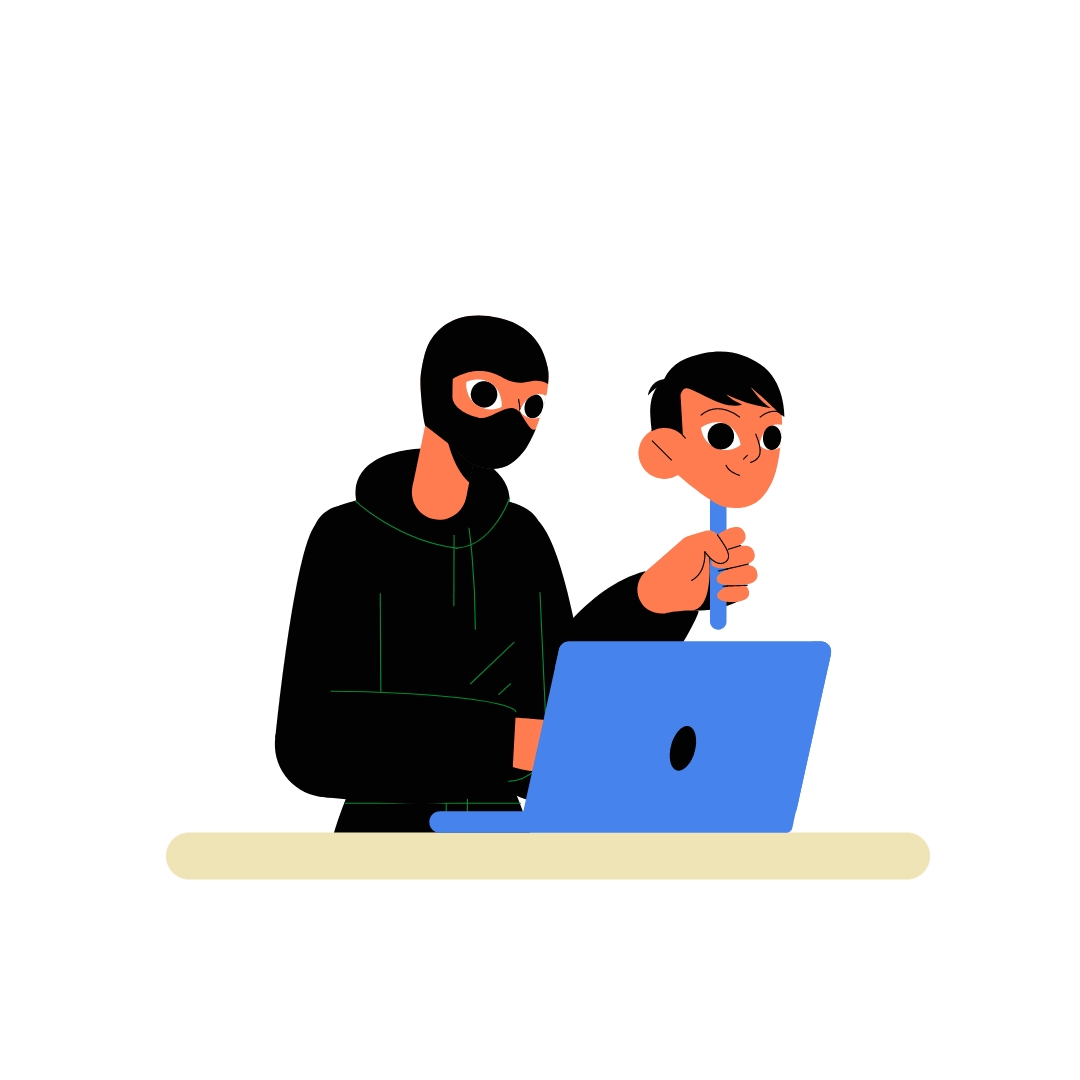 A person wearing a black mask sits at a desk with a blue laptop, holding a stick with a cartoon face on it.