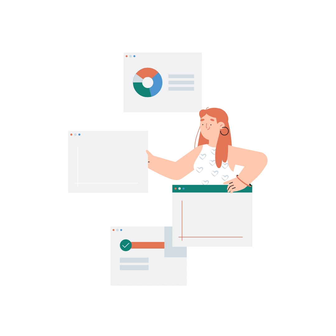 A person with red hair is holding a blank screen while surrounded by various computer interface windows, including a pie chart and a line graph. The context suggests a focus on data analysis or digital learning.