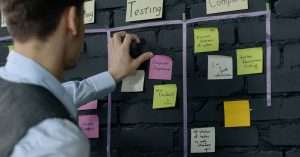 A team working on project management in a modern office