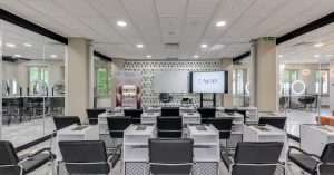 A modern classroom with computers ready for IT training